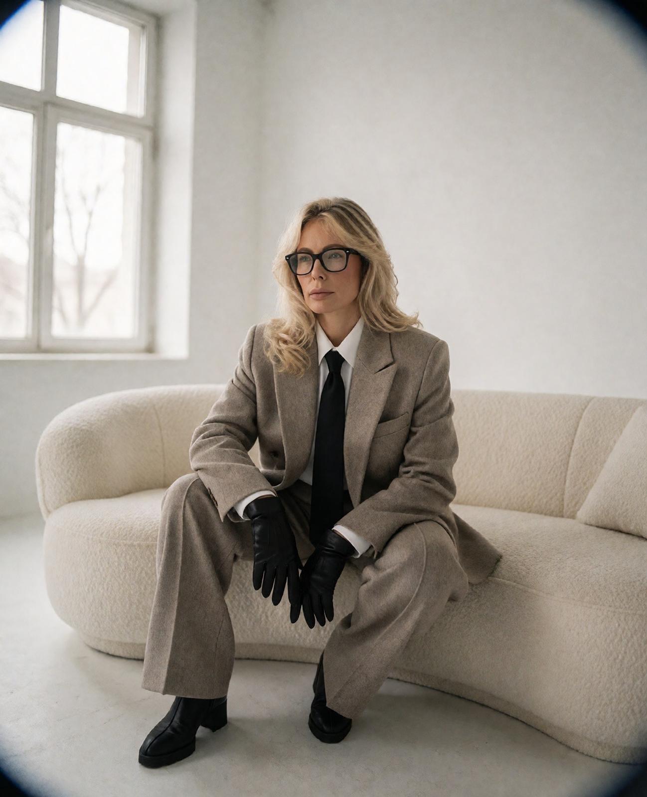 Aileen Jäger im hellen Atelier auf einem cremefarbenen Sofa