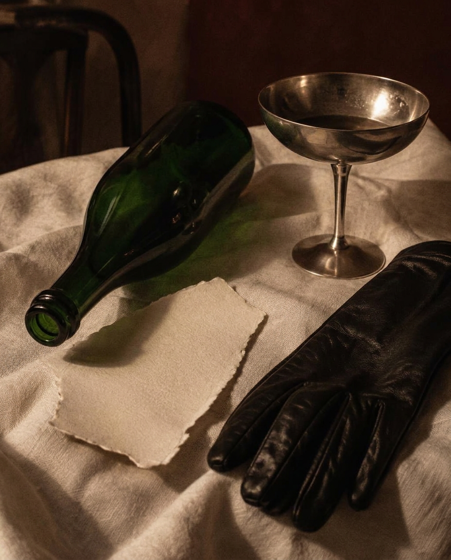 Leere Champagnerflasche, silberne Coupe und schwarzer Handschuh auf Leinen